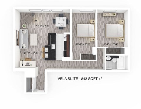 Floor plan for 2 beds, 1 bath, 843 sqft